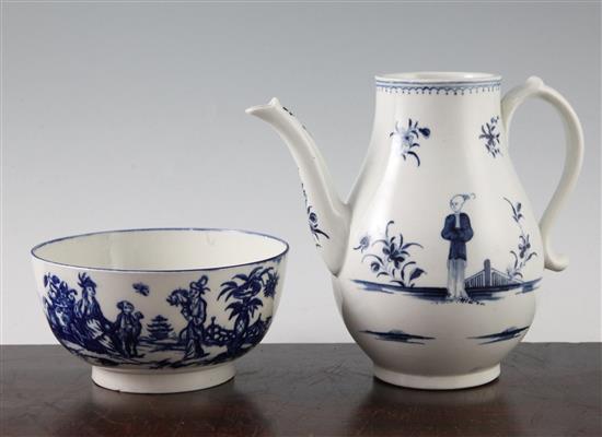 A Worcester Waiting Chinaman pattern pear shaped coffee pot and a Worcester Mother and Child pattern bowl, 17cm and 14cm
